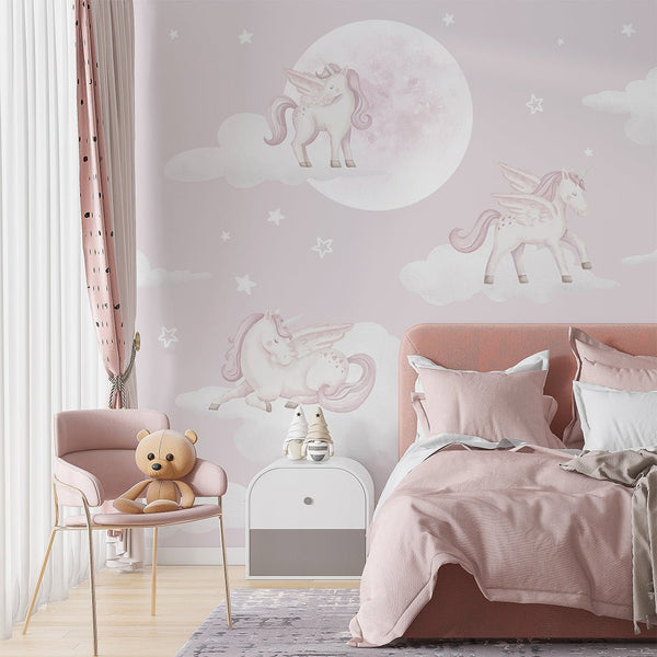 Pink Unicorns & Moon Wall Mural AM129 - CostaCover-Peel and stick Removable Wallpaper-accent wallpaper-adhesive wallpaper-baby bedroom