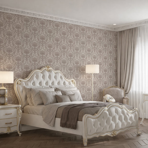 Floral damask wallpaper with ornate medallions in beige, adding vintage elegance to living spaces. The muted dusty rose and taupe tones create a romantic and traditional atmosphere, suitable for shabby chic decor.
