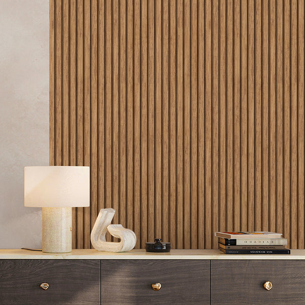 Close-up of Wooden Oak Slat Panels wallpaper showing golden tan hues and fine grain texture. The vertical slat pattern is ideal for creating a natural wood paneling effect in home offices or hallways. This high-quality, temporary wallpaper is self-adhesive, making it easy to reposition and perfect for decorators looking for a modern, warm touch.