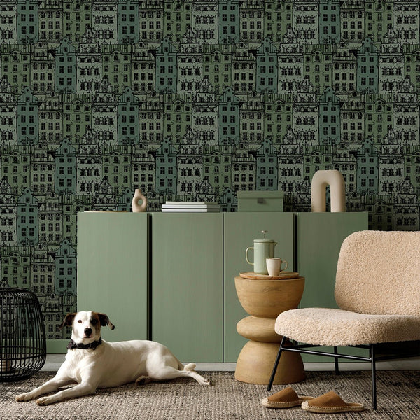 Green City Houses Wallpaper CC310 - CostaCover - Peel and stick Removable Wallpaper - Abstract - abstract wallpaper - accent wallpaper