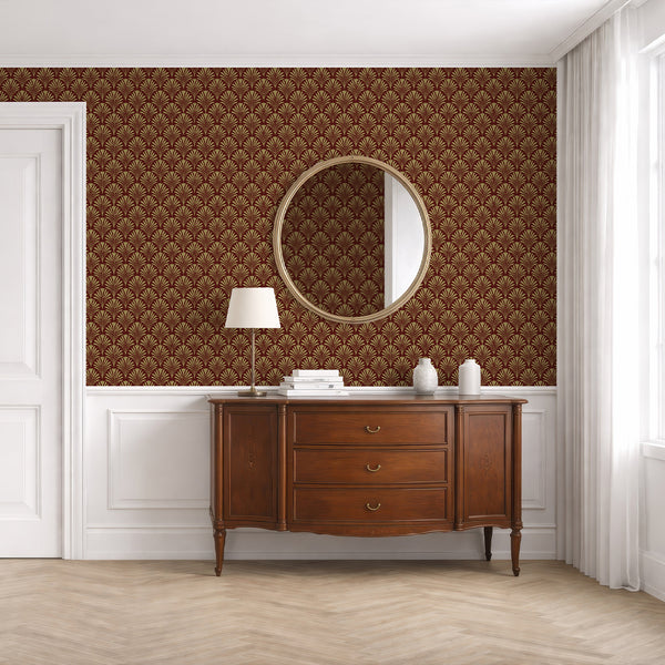 Burgundy Botanical Art Deco Wallpaper L019
