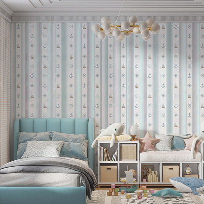 Turquoise Stripe & Sailboat Wallpaper A070