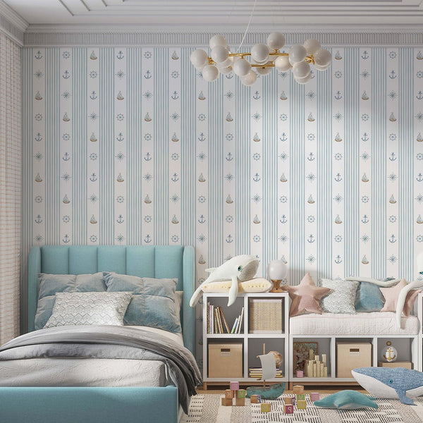 Turquoise Stripe & Sailboat Wallpaper A070 - CostaCover-Peel and stick Removable Wallpaper-abstract wall art-abstract wallpaper-accent wallpaper