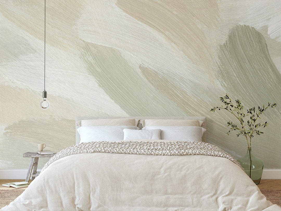 Beige Green Brush Strokes Wall Mural CCM188