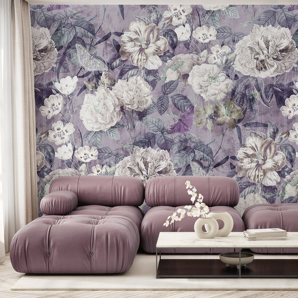 Purple Vintage Flower Garden Wall Mural SM048 - CostaCover - Peel and stick Removable Wallpaper - accent wallpaper - adhesive wallpaper - bathroom wallpaper