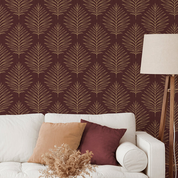 Burgundy Palm Leaves Wallpaper L058
