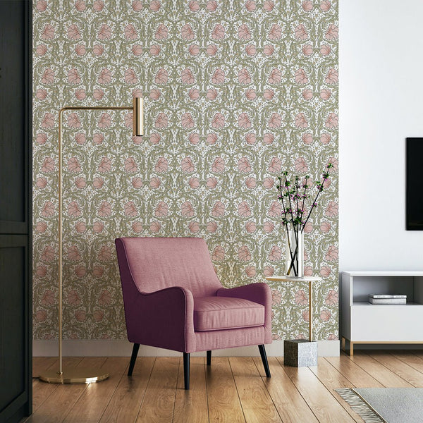 Light Pink & Green Pimpernel by Morris Wallpaper W166 - CostaCover - Peel and stick Removable Wallpaper - accent wallpaper - adhesive wallpaper - bathroom wallpaper