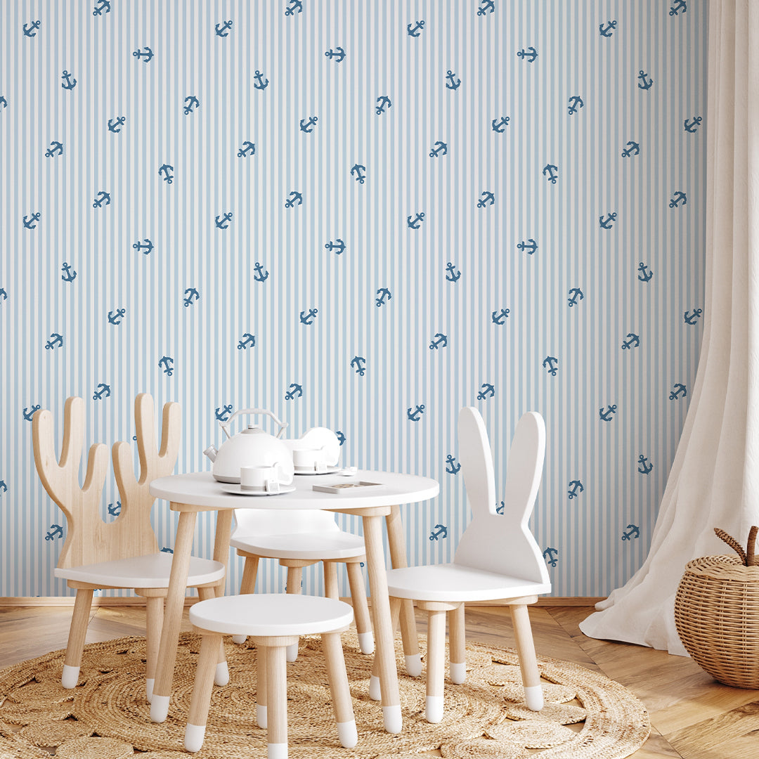 Blue Stripes & Sailboats Wallpaper A074