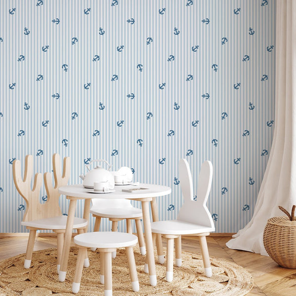 Blue Stripes & Sailboats Wallpaper A074 - CostaCover-Peel and stick Removable Wallpaper-abstract lines-abstract wall art-abstract wallpaper