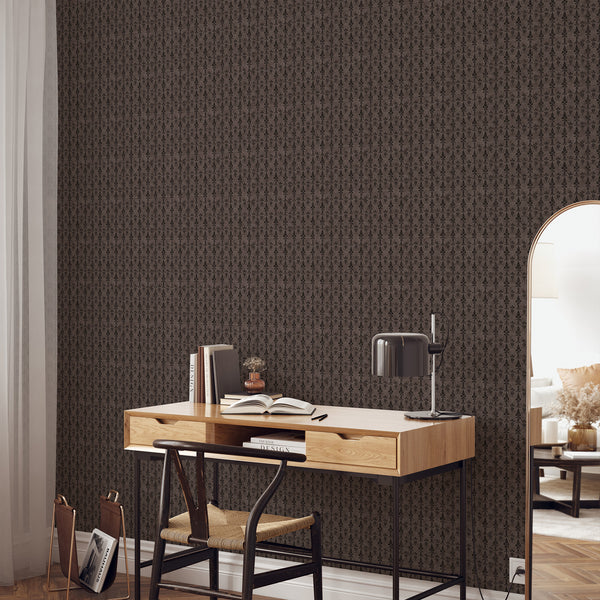 Dark brown damask wallpaper with a tight, rhythmic pattern, ideal for adding richness and drama to living rooms or dining rooms. The textured background adds an antique, fabric-like feel.