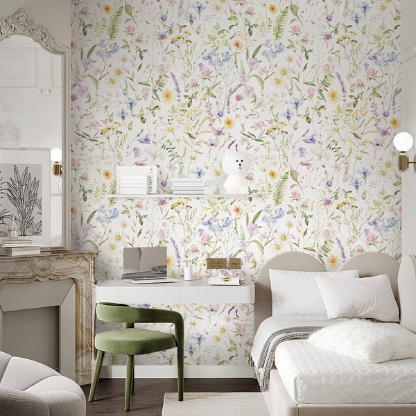 Pastel Delicate Wildflowers Wallpaper S073 - CostaCover - Peel and stick Removable Wallpaper - accent wallpaper - adhesive wallpaper - baby bedroom