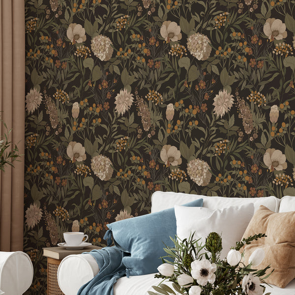 Moody floral wallpaper with fine linework, perfect for creating a stylish accent wall in cottagecore living rooms.
