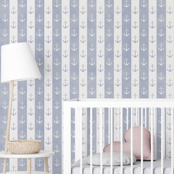Blue White Anchor Wallpaper A075 - CostaCover-Peel and stick Removable Wallpaper-Abstract-abstract wall art-abstract wallpaper