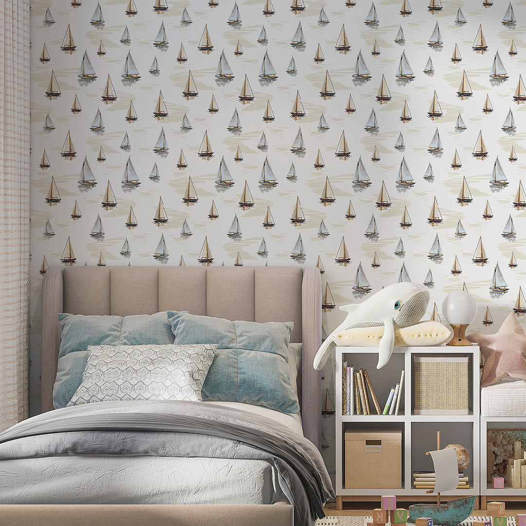 Beige Blue Sailboats Wallpaper A076