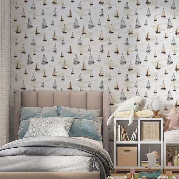Beige Blue Sailboats Wallpaper A076 - CostaCover-Peel and stick Removable Wallpaper-Abstract-abstract wall art-abstract wallpaper
