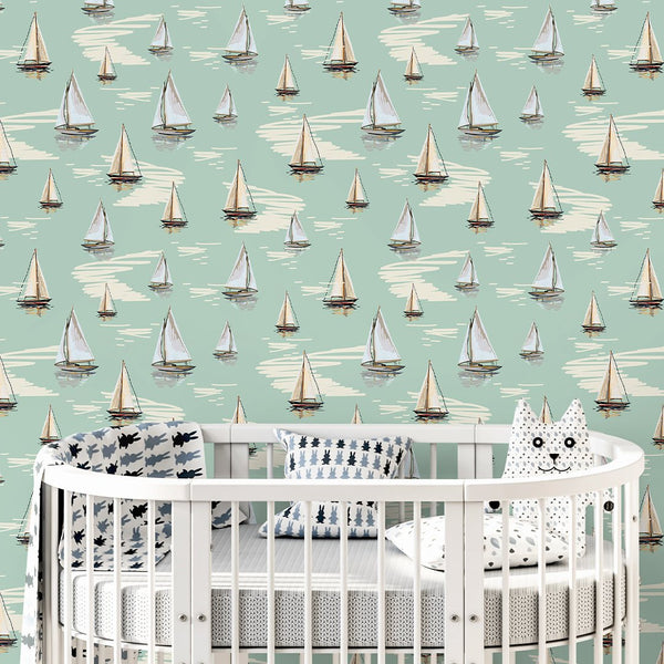 Light Green Sailboats Wallpaper A077 - CostaCover-Peel and stick Removable Wallpaper-Abstract-abstract wall art-abstract wallpaper