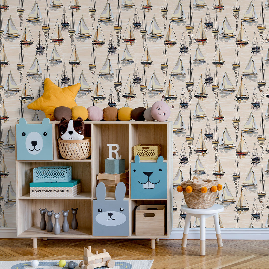 Beige Sailboats Wallpaper A078