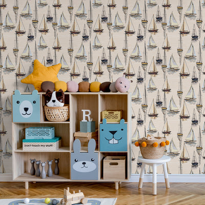 Beige Sailboats Wallpaper A078