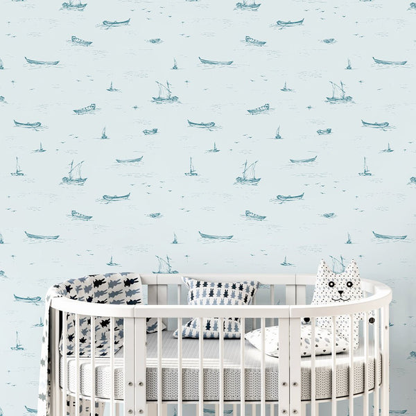 Light Blue Boat Sketch Wallpaper A079 - CostaCover-Peel and stick Removable Wallpaper-Abstract-abstract wall art-abstract wallpaper