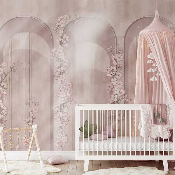 Pink Arches & Sakura Wall Mural CCM151 - CostaCover - Peel and stick Removable Wallpaper - accent wallpaper - adhesive wallpaper - arch