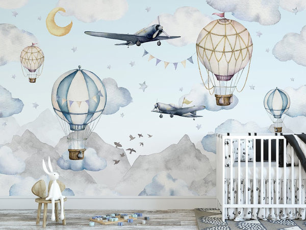 Air Balloons & Airplanes Wall Mural WM064 - CostaCover - Peel and stick Removable Wallpaper - accent wallpaper - adhesive wallpaper - air balloon