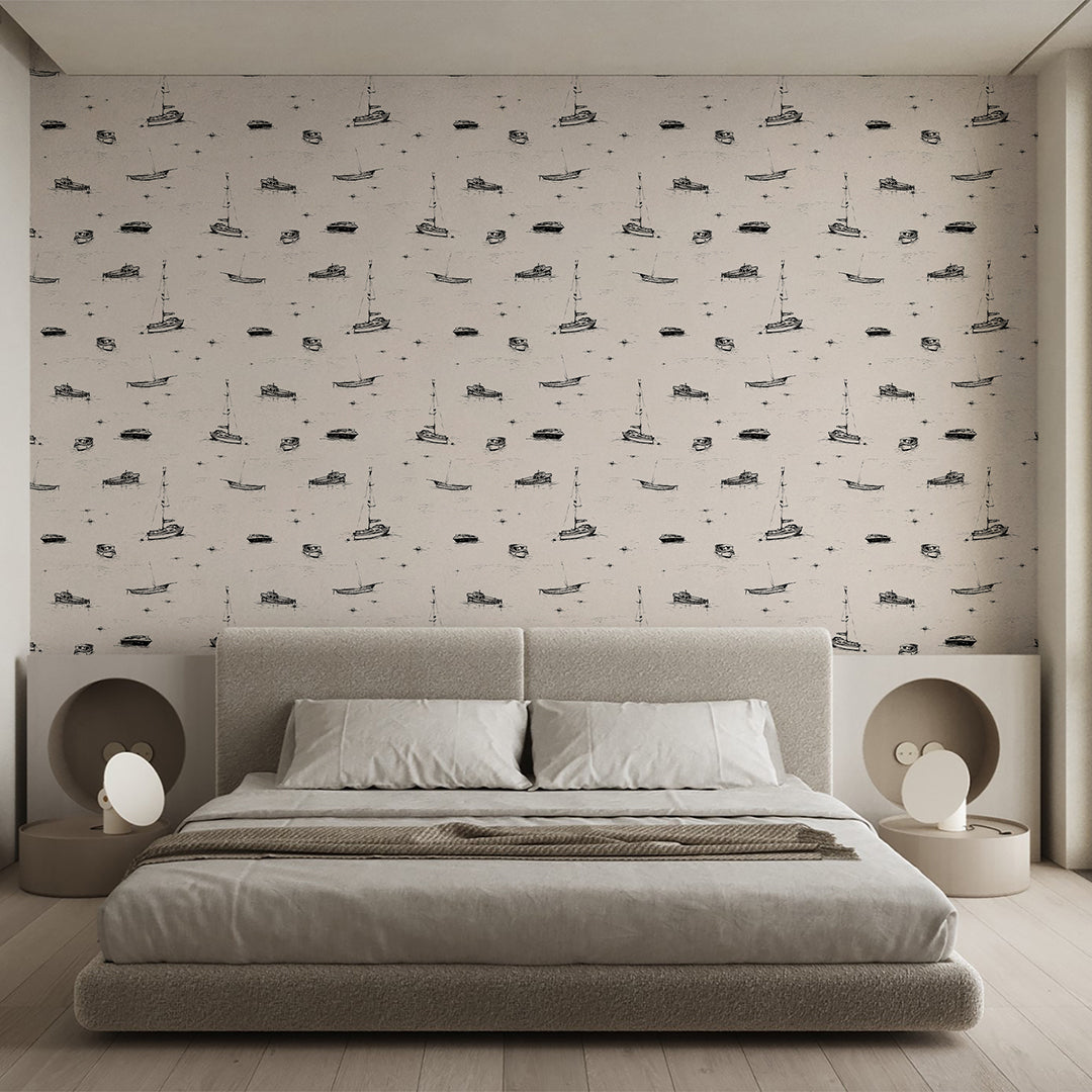 Beige Boat Sketch Wallpaper A080