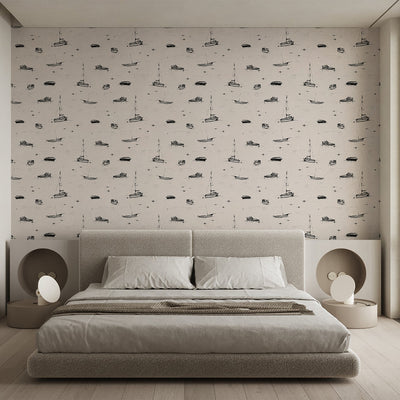 Beige Boat Sketch Wallpaper A080
