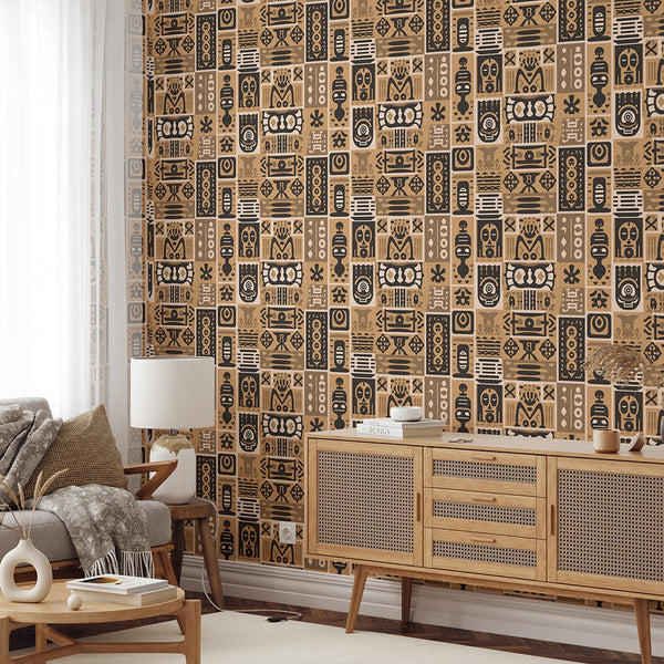 Beige Brown African Symbols Wallpaper W162 - CostaCover - Peel and stick Removable Wallpaper - abstract wallpaper - accent wallpaper - adhesive wallpaper