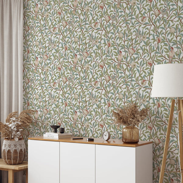 Green Bird & Pomegranate by Morris Wallpaper W088 - CostaCover - Peel and stick Removable Wallpaper - abstract wall art - abstract wallpaper - accent wallpaper