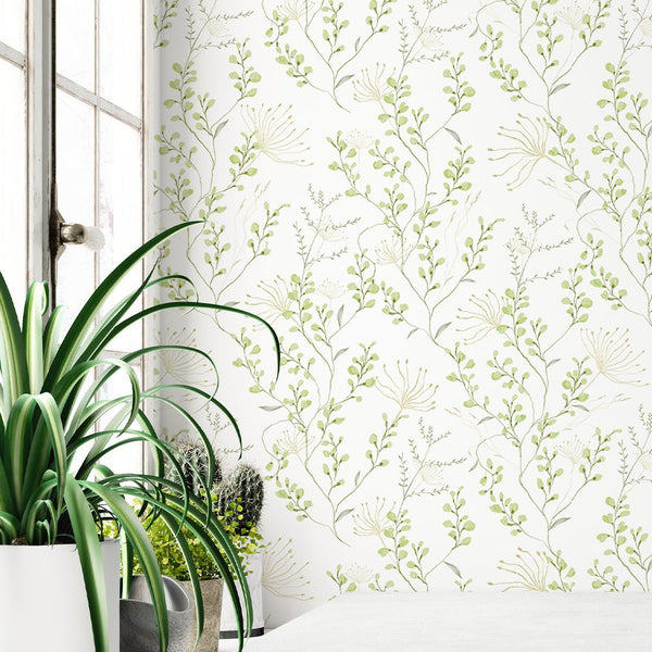 Green Wildflowers Wallpaper W046 - CostaCover - Peel and stick Removable Wallpaper - accent wallpaper - adhesive wallpaper - art deco bathroom