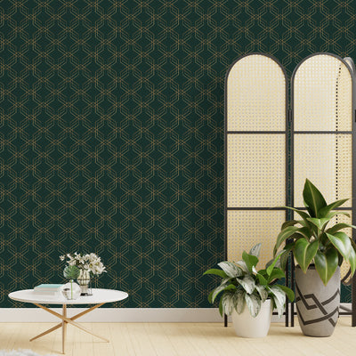 Dark Green Gold Effect Art Deco Wallpaper CC325