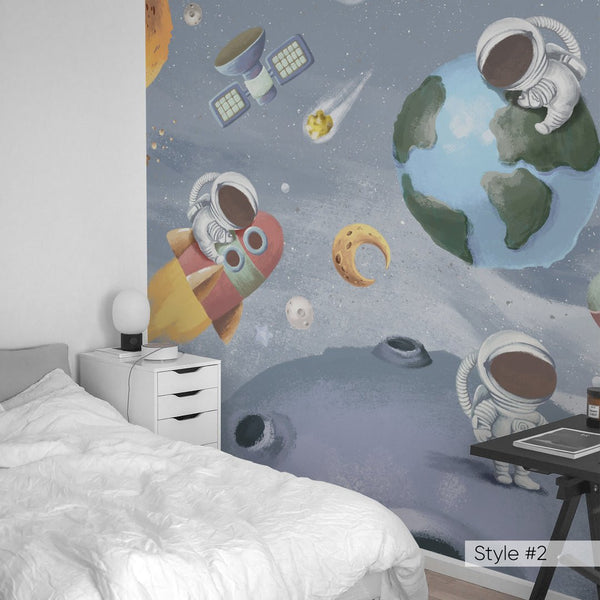 Space World & Astronauts Wall Mural WM077 - CostaCover - Peel and stick Removable Wallpaper - abstract wallpaper - adhesive wallpaper - aqua blue