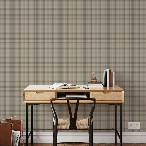 Sage green removable wallpaper with a vintage tartan check design, muted earthy colors, and fine woven-inspired detailing for a neutral bedroom accent wall.
