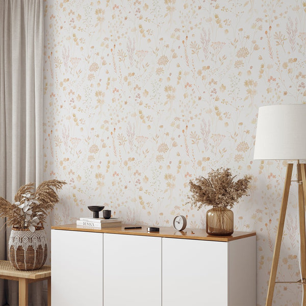 Pink & Gold Wildflowers Wallpaper W136 - CostaCover - Peel and stick Removable Wallpaper - Abstract - abstract floral - abstract wall art
