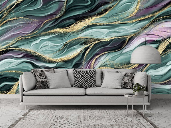 Green Purple Waves Wall Mural CCM121 - CostaCover - Peel and stick Removable Wallpaper - Abstract - abstract lines - abstract wall art