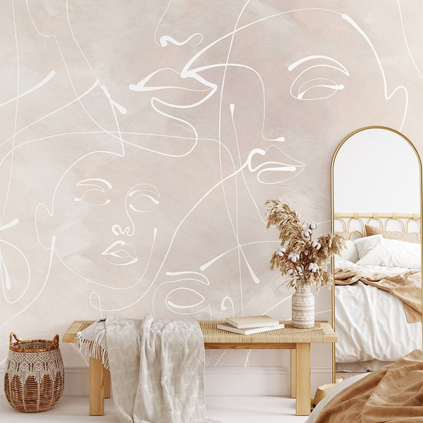 Beige Line Art Face Wall Mural CCM144 - CostaCover - Peel and stick Removable Wallpaper - Abstract - abstract lines - abstract wall art