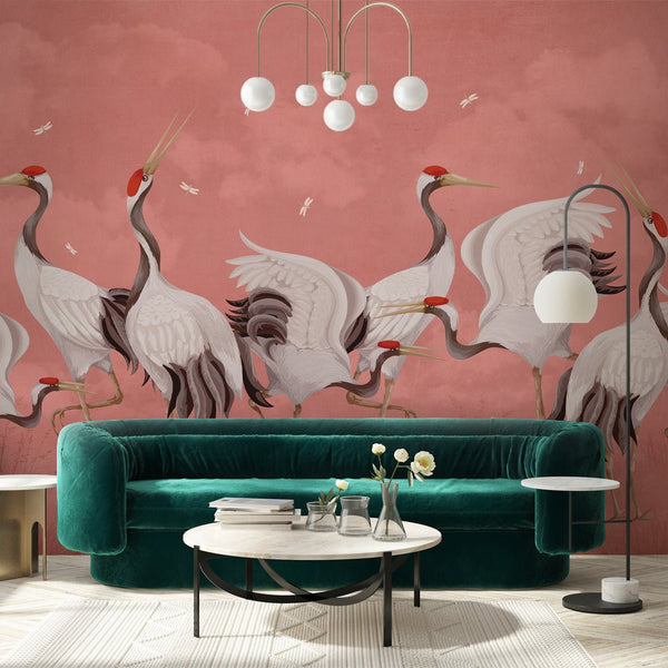 Pink Japanese Cranes Wall Mural WM108 - CostaCover - Peel and stick Removable Wallpaper - accent wallpaper - adhesive wallpaper - bathroom wallpaper