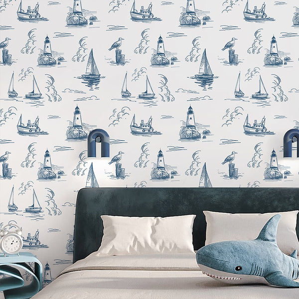 Blue Nautical Sketch Wallpaper A081 - CostaCover-Peel and stick Removable Wallpaper-abstract wallpaper