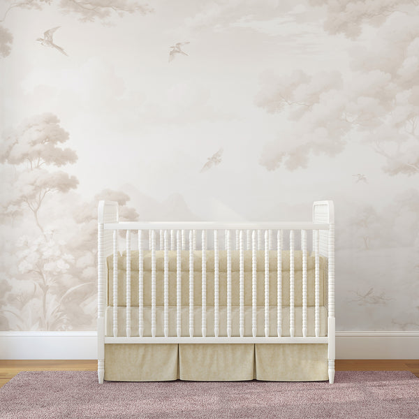 Beige panoramic wall mural with misty hills and drifting birds, offering a serene backdrop for living rooms. The warm tones and subtle grain create a calming environment, fitting beautifully with French country interiors.