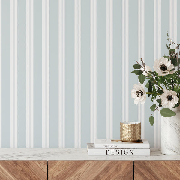 Light blue and white striped wallpaper with wide vertical bands and delicate pinstripe details, creating an airy look for nurseries and modern bedrooms.