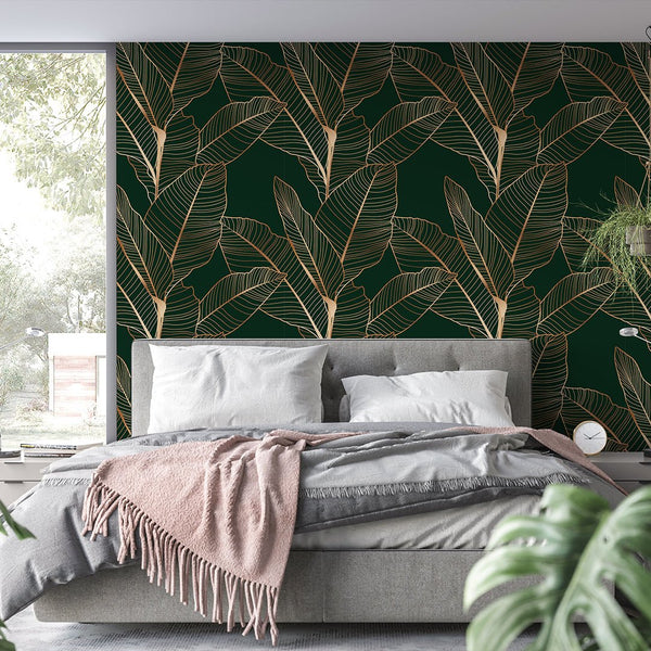 Dark Green Banana Leaves Wallpaper CC346 - CostaCover - Peel and stick Removable Wallpaper - abstract floral - abstract wallpaper - accent wallpaper