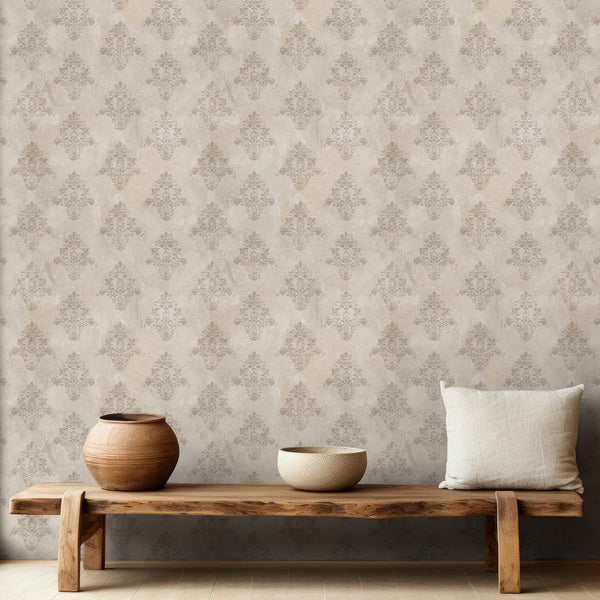 Neutral floral damask wallpaper with weathered beige motifs and a softly aged cream background, ideal for vintage, cottagecore and French country interiors.