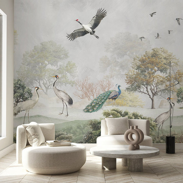 Vintage Japanese Crane Wall Mural CCM207 - CostaCover - Peel and stick Removable Wallpaper - accent wallpaper - adhesive wallpaper - bathroom wallpaper
