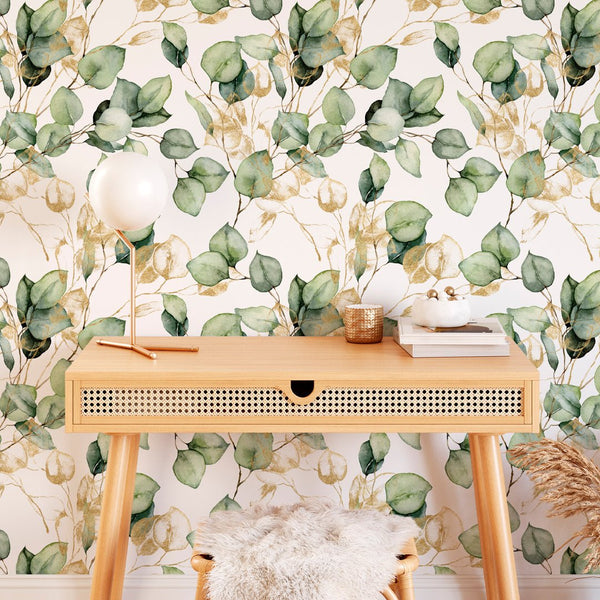 Green & Gold Eucalyptus Wallpaper CC283 - CostaCover - Peel and stick Removable Wallpaper - abstract floral - abstract wallpaper - accent wallpaper