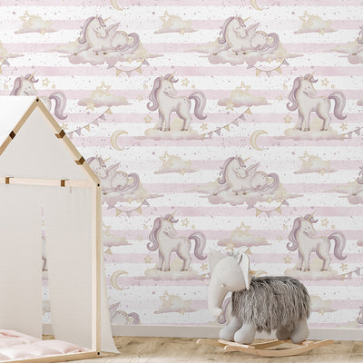 Pink Unicorns & Stripes Wallpaper A040