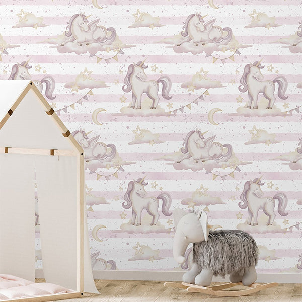 Pink Unicorns & Stripes Wallpaper A040 - CostaCover-Peel and stick Removable Wallpaper-accent wallpaper-adhesive wallpaper-baby bedroom