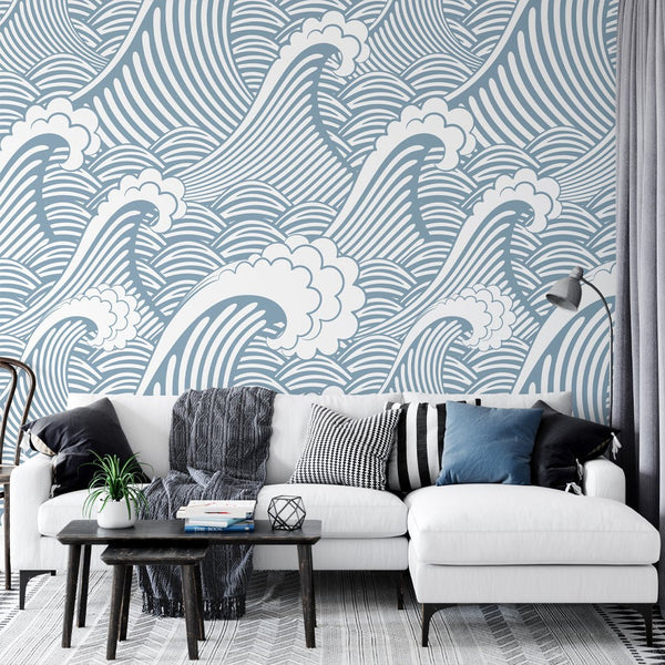 Blue Japanese Waves Wall Mural WM015 - CostaCover - Peel and stick Removable Wallpaper - adhesive wallpaper - aqua blue - Aqua blue wallpaper