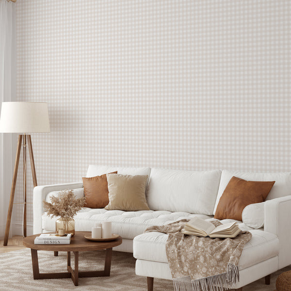 Neutral checkered wallpaper with soft beige horizontal and vertical stripes arranged in a classic plaid pattern for a cozy farmhouse bedroom.