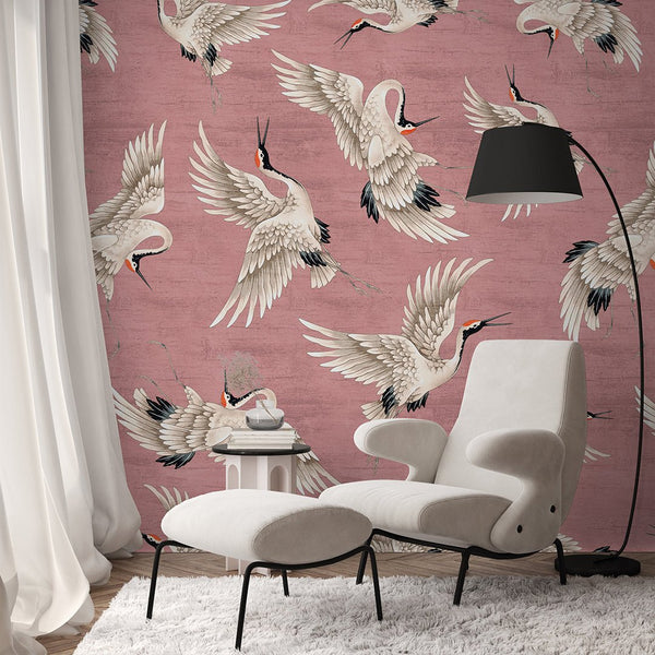 Flying Pink Japanese Cranes Wall Mural WM115 - CostaCover - Peel and stick Removable Wallpaper - accent wallpaper - adhesive wallpaper - animal texture