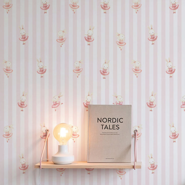 Baby girl wallpaper featuring soft pink striped wallpaper and a dancing rabbit ballerina in watercolor for a playful nursery or playroom.